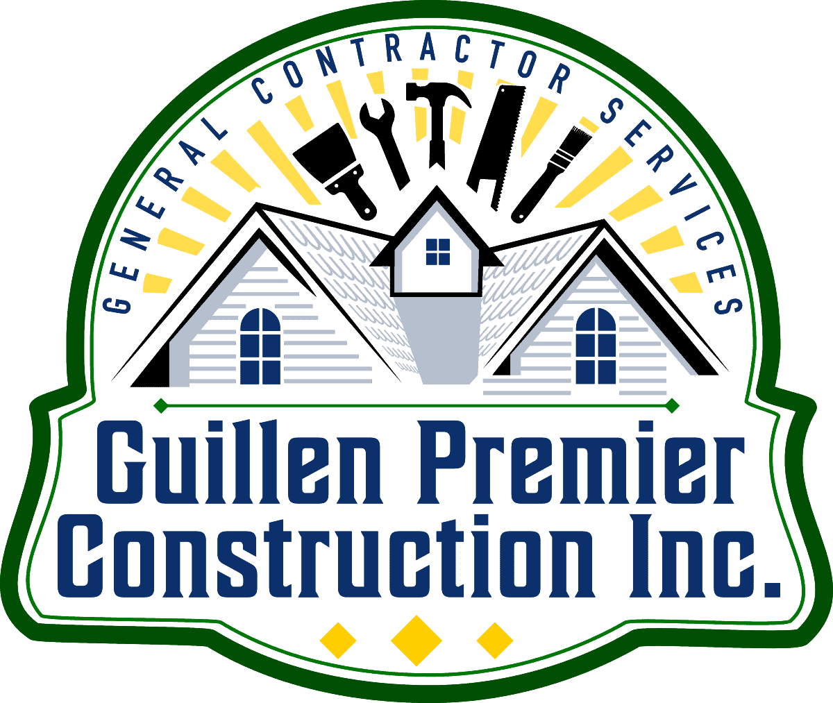 Construction company logo with house and clock for Guillen Premier Construction Inc.